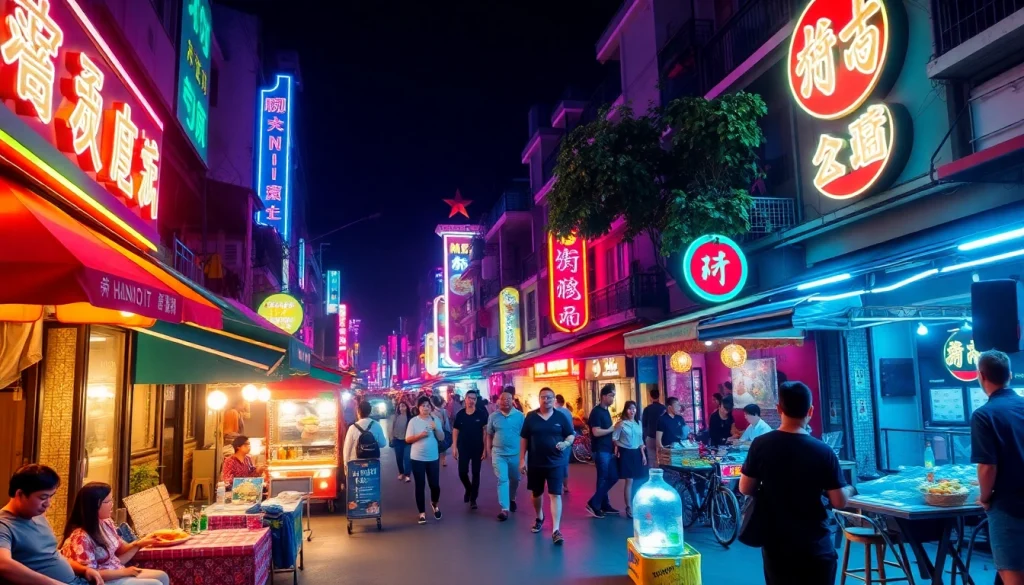 Explore 하노이밤문화 with a lively street scene showing Hanoi's vibrant nightlife and cultural richness.