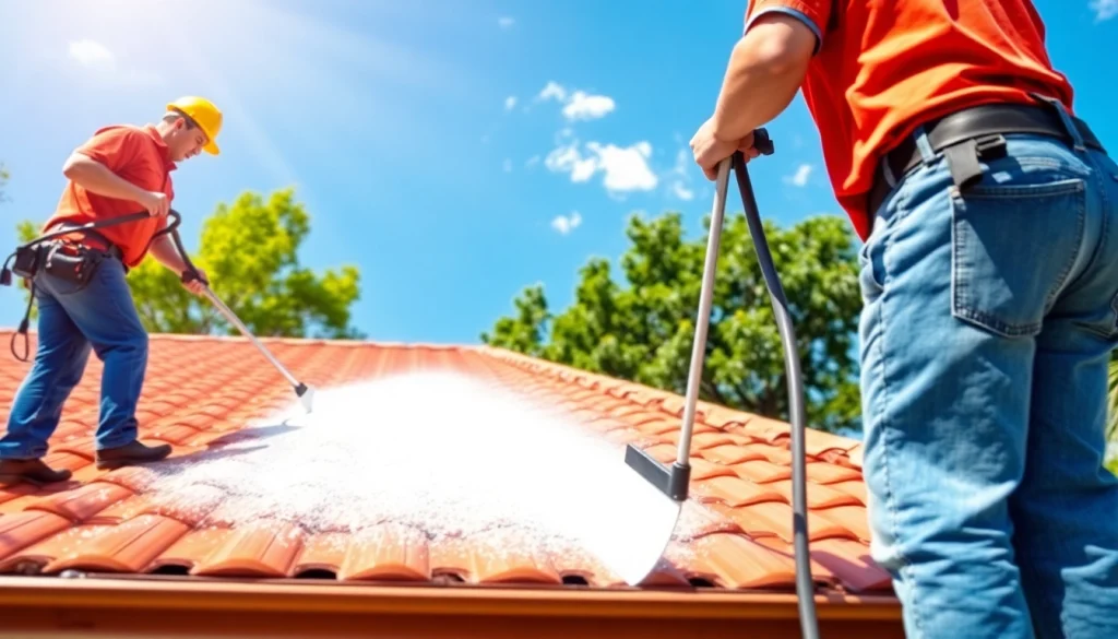 Roof cleaning service in Kissimmee, showcasing professionals using eco-friendly methods for a spotless home.