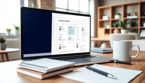 Create a standout resume builder experience with professional tools and templates visible on the laptop.