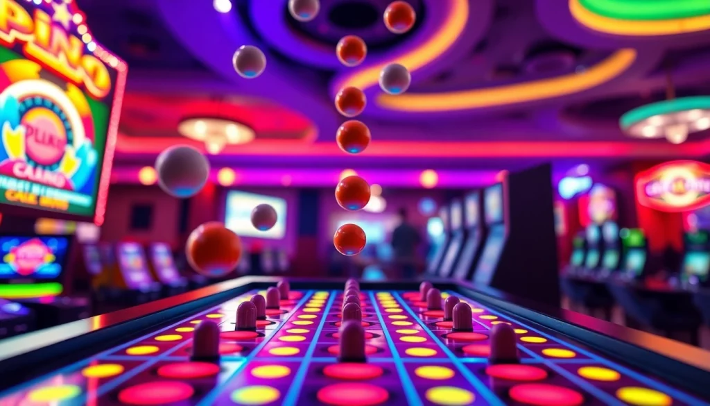 Permainan situs plinko dengan bola yang jatuh dan pegs menyala menambah keseruan.