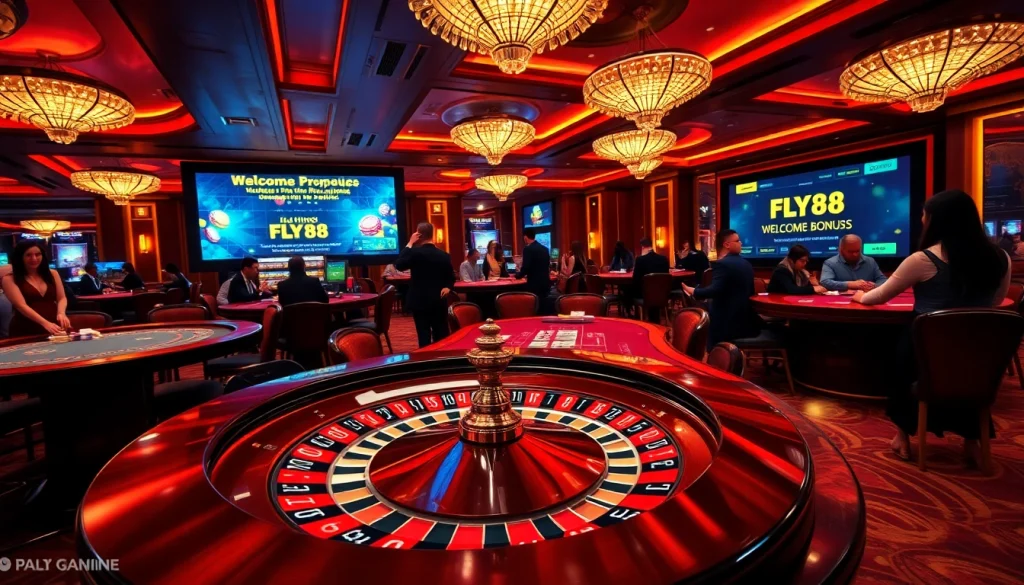 FLY88 players delight in a high-energy casino scene, featuring roulette and card games.
