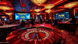 FLY88 players delight in a high-energy casino scene, featuring roulette and card games.