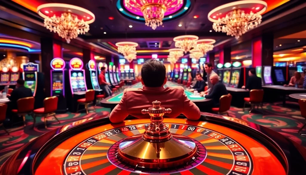 Excited gamblers placing bets at a vibrant casino with luxurious interior design at https://nh88vn.net/.