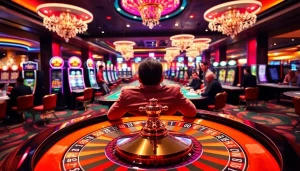 Excited gamblers placing bets at a vibrant casino with luxurious interior design at https://nh88vn.net/.