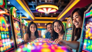 Players enjoying vibrant slot hoki games in a lively casino atmosphere, showcasing excitement and colorful machines.