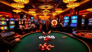 Experience high-stakes poker at ev88 casino with vibrant slot machines and luxurious ambiance.