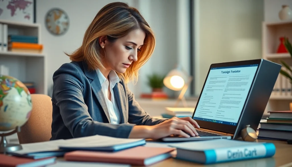 Certified translator working diligently on documents in a professional setting.