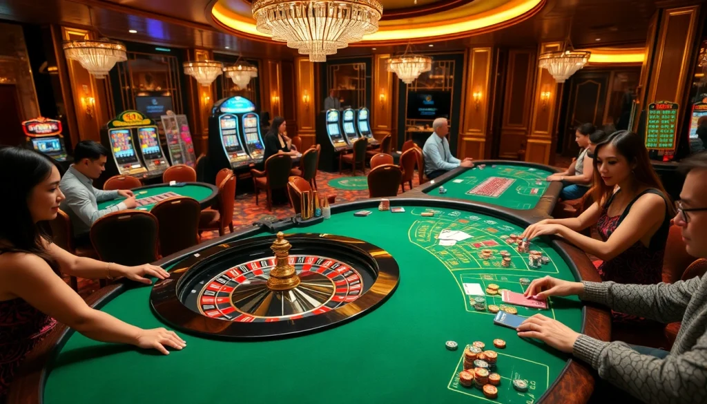 Experience the thrill of f8bet in an exciting casino scene with players at roulette and poker tables.