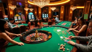 Experience the thrill of f8bet in an exciting casino scene with players at roulette and poker tables.