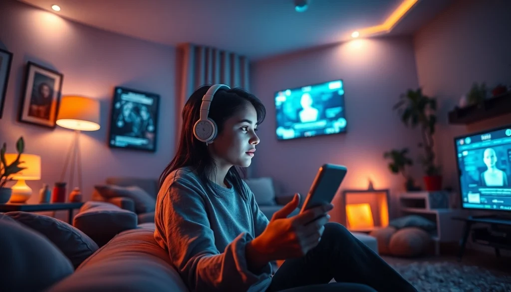 Engaging in ai sexting with a futuristic AI chatbot in a cozy, modern living room.