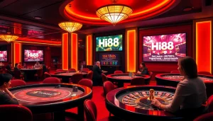 Exciting gaming atmosphere at Hi88 with poker tables and roulette wheels.
