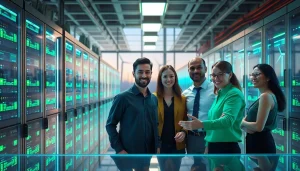 Dogecoin cloud mining showcased in a futuristic AI-powered facility with renewable energy sources.