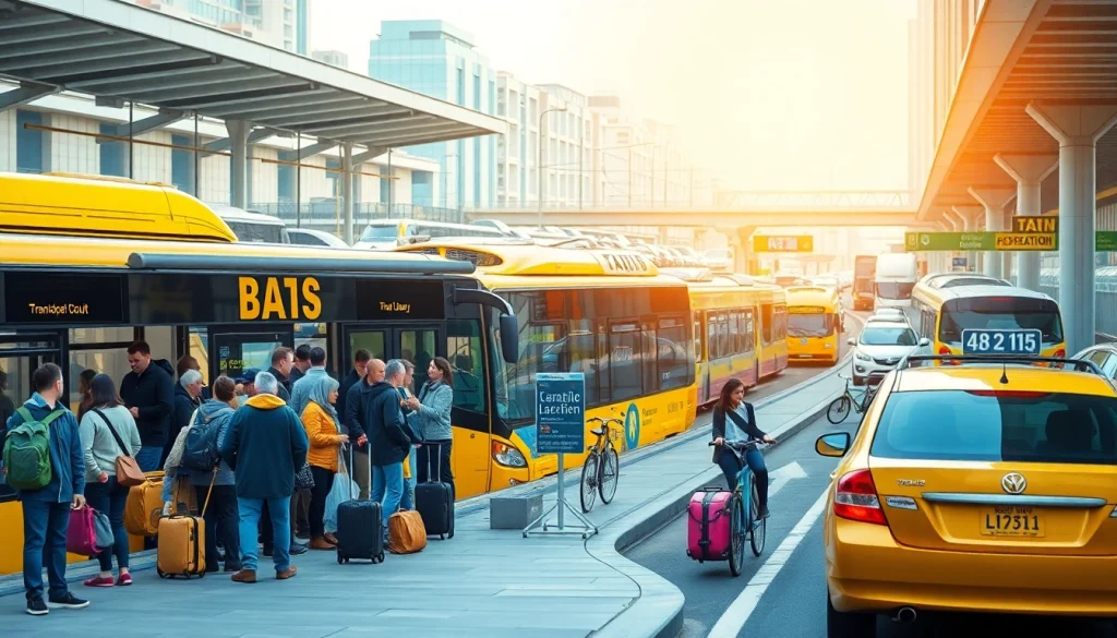 Transportation hub showcasing buses, trains, and taxis in a bustling urban setting.