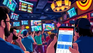 Dynamic betting scene showcasing sports betting sites Oklahoma with enthusiastic fans and a smartphone displaying odds.