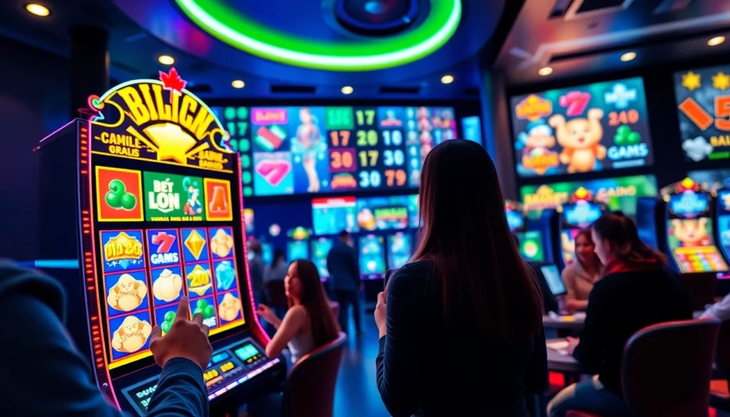 Experience the excitement of Canadian casinos online with vibrant slot machines and engaged players.