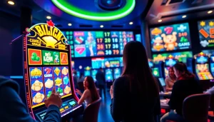 Experience the excitement of Canadian casinos online with vibrant slot machines and engaged players.