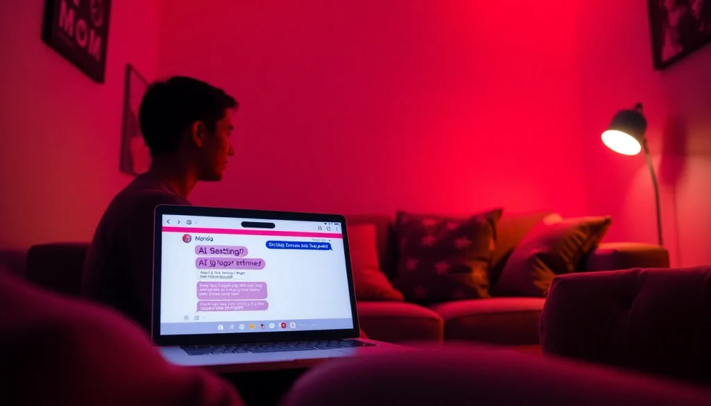 Engaging scene depicting a cozy AI sexting chat environment with ambient lighting and a laptop.