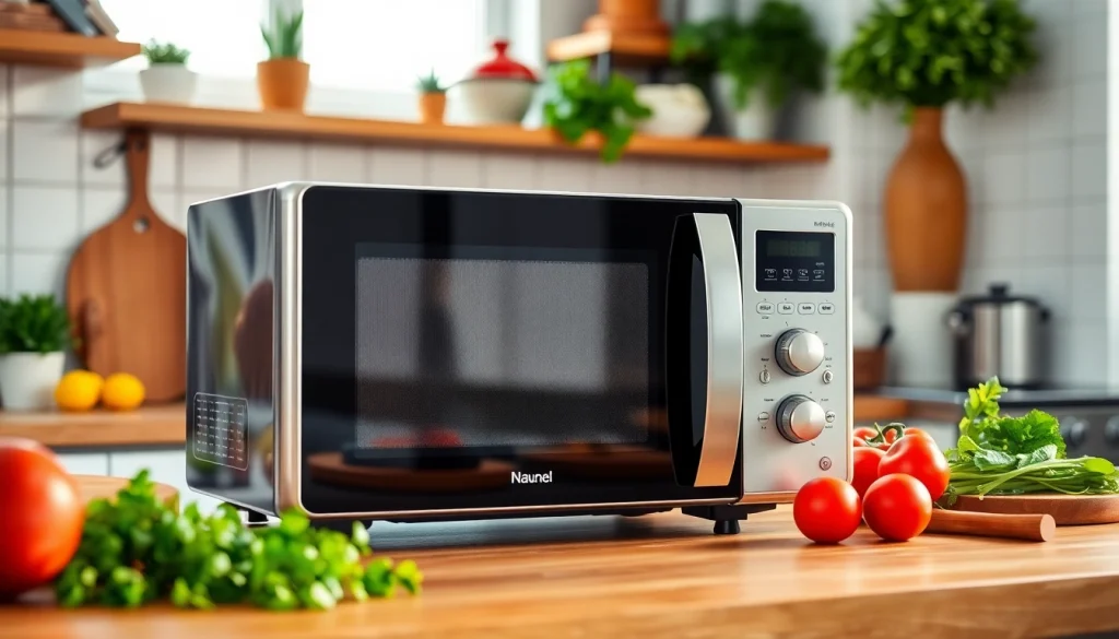 Showcase an affordable microwave oven in a modern kitchen setting, with culinary tools and fresh ingredients.