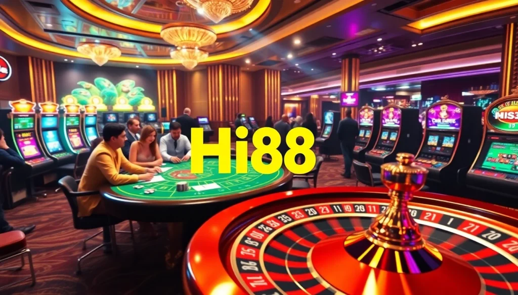 Engage in thrilling online gaming at Hi88 with a luxurious casino atmosphere featuring poker tables and slot machines.