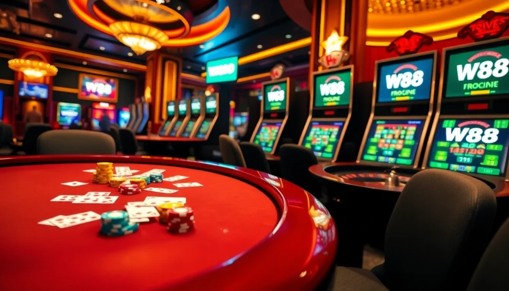 Engaging casino atmosphere highlighting the W88 link with poker chips and roulette.