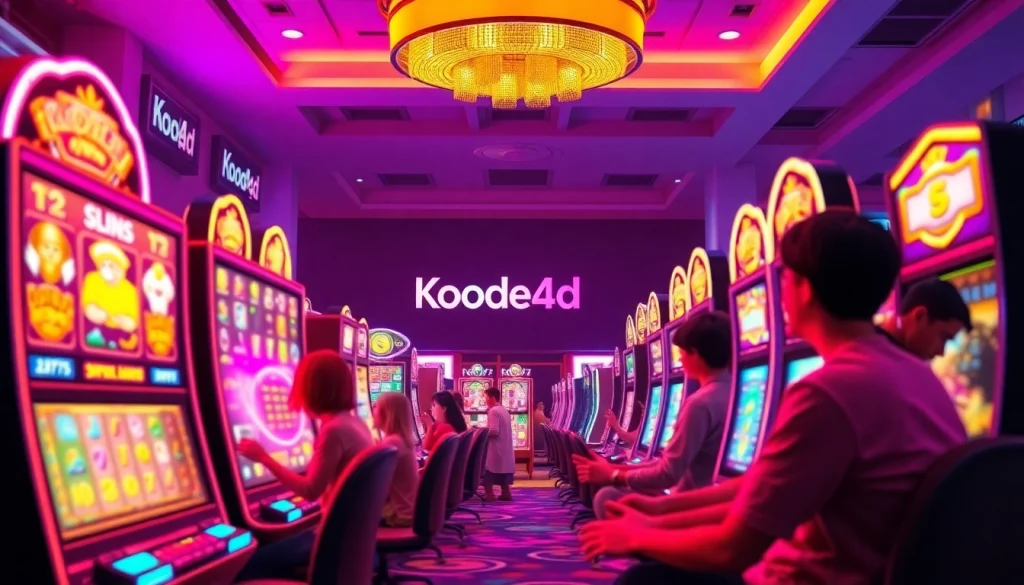 Exciting Kode4d slot gaming atmosphere with vibrant colors and players celebrating wins