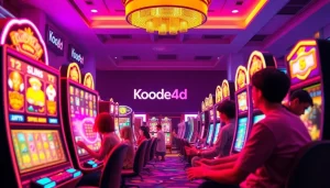 Exciting Kode4d slot gaming atmosphere with vibrant colors and players celebrating wins