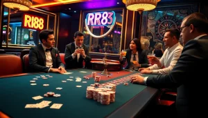 Excited gamblers at RR88 playing poker with vibrant chips and cards.