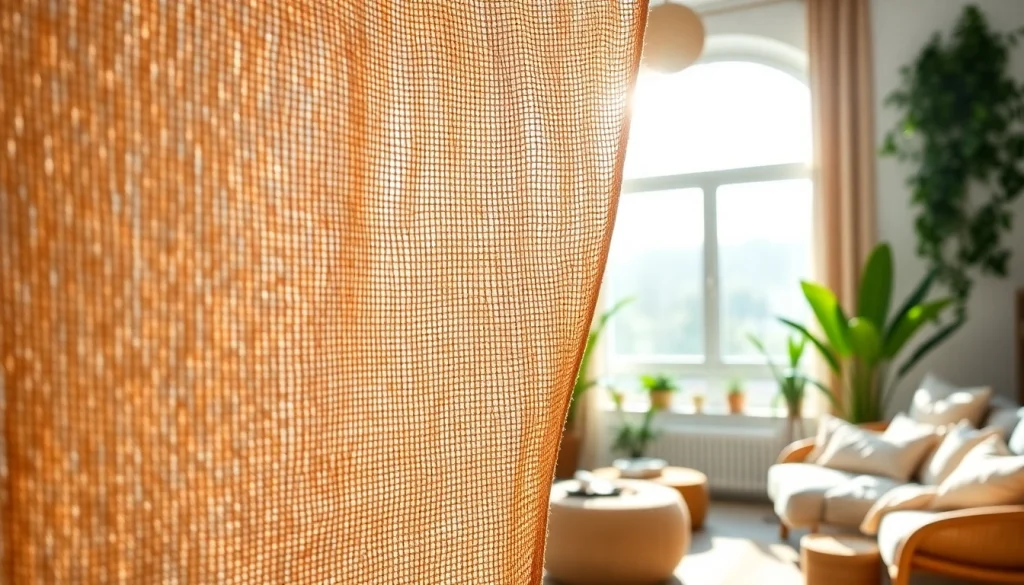 Jute stof presenteert een stijlvolle en duurzame decoratieve stijl in een helder interieur.