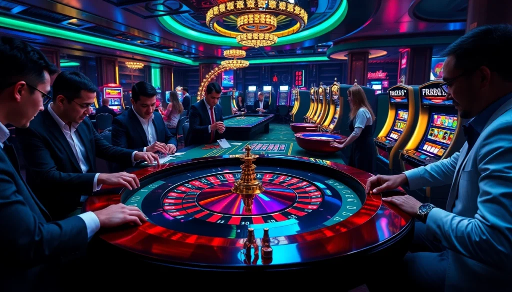 Exciting RR888 casino scene with roulette table and high-stakes gamblers.
