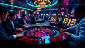 Exciting RR888 casino scene with roulette table and high-stakes gamblers.