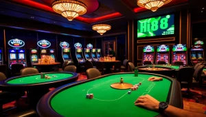 Engaging gamblers at Hi88's luxurious casino table with vibrant poker chips and roulette wheel.
