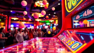 Game enthusiasts playing plinko slot with colorful boards and bright casino lights.