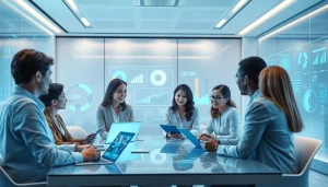 Gemini 3 Pro showcased in a modern office with professionals collaborating on AI solutions.