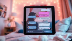 Engaging ai sexting chat with intimate AI interactions on a digital interface in a cozy setting.