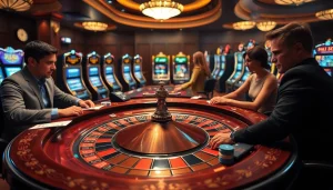 Engaging gamblers at a luxurious table featuring betting chips and online interfaces at https://kjc.pizza/.