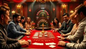 Players enjoying an exciting poker game at THABET’s elegant casino table under dramatic lighting.
