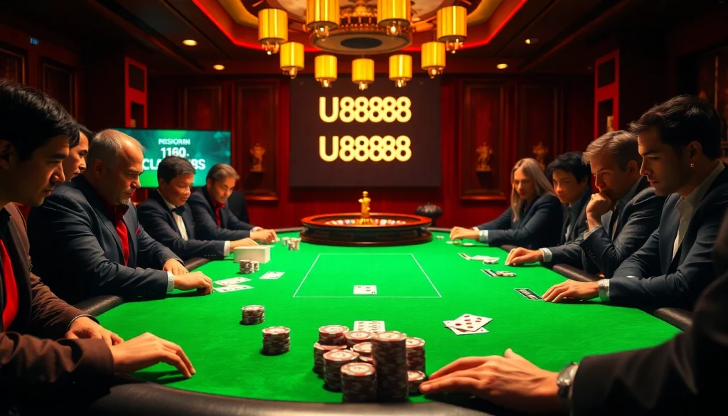 Players engage in high-stakes poker at a U8888 casino, surrounded by vibrant chips and cards.