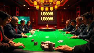 Players engage in high-stakes poker at a U8888 casino, surrounded by vibrant chips and cards.
