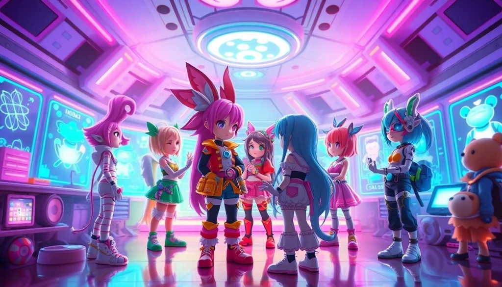 Dynamic NSFW character scene showcasing vibrant fantasy interactions in a futuristic setting.