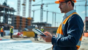 Manhattan Commercial General Contractor analyzing blueprints on a construction site for project efficiency.