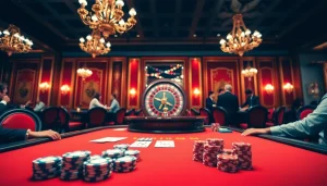 Exciting poker game at 8day.cn.com with chips, cards, and a spinning roulette wheel.