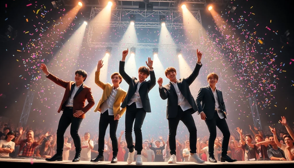 Experience the latest bts news with BTS performing live on stage surrounded by enthusiastic fans and colorful confetti.