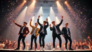 Experience the latest bts news with BTS performing live on stage surrounded by enthusiastic fans and colorful confetti.