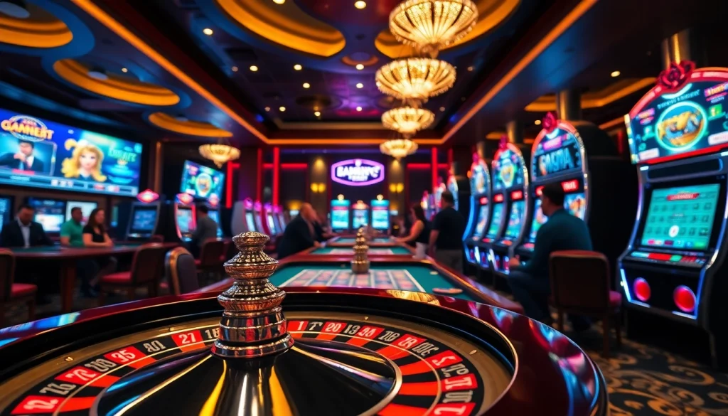 Experience the thrill of רמי אונליין gaming at a luxurious casino environment with roulette and poker.