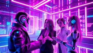 Engaging NSFW AI interaction in a vibrant, futuristic digital environment.