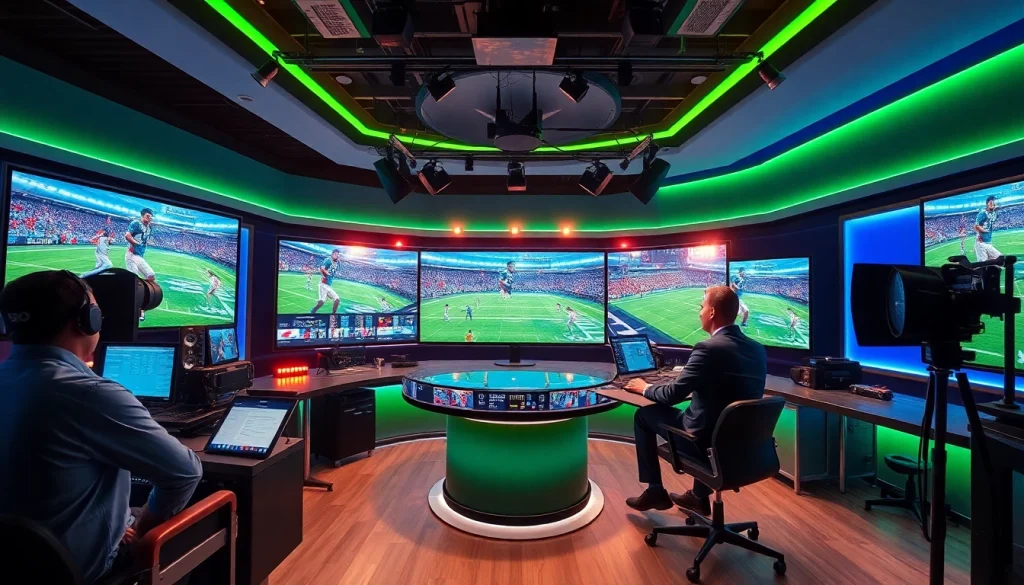 Engaging sports broadcasting scene showcasing hosts and technology in action. Sports Broadcasting is at the forefront of this dynamic environment.