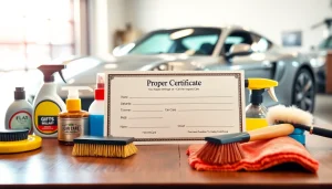 Promote car detailing gift certificate with car care products on a polished desk.