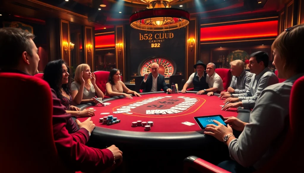 B52club players strategizing at a lively poker table with vibrant chips and cards.