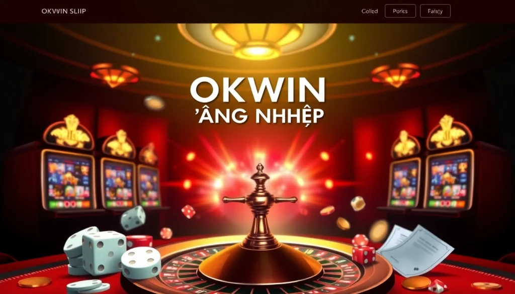Login to OKWIN using the vibrant online casino interface featuring poker chips and slot machines.