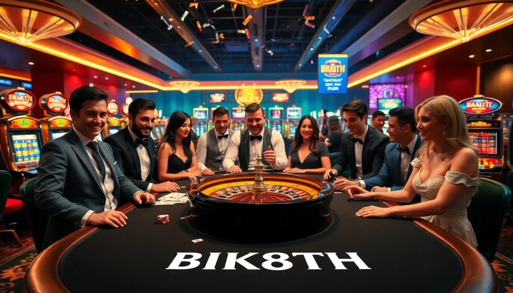 Players enjoy a thrilling poker game at the BK8TH branded casino table, surrounded by vibrant slot machines.